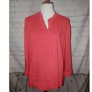 Eileen Fisher Melon Pink Top Blouse Button Front XL Tabbed Waist Pockets
